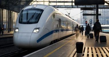 Modernt tåg anländer till Göteborgs centralstation en tidig morgon