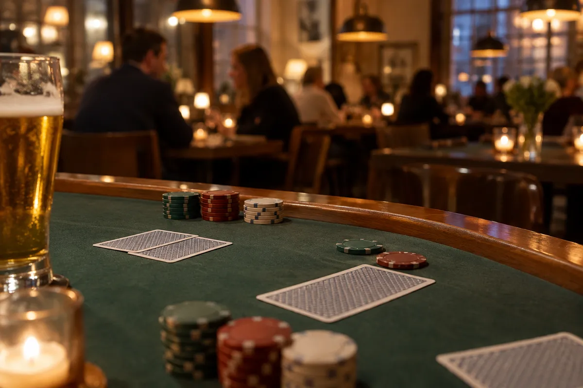 Ett spelbord med kort och marker på en restaurang med gäster i bakgrunden