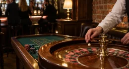 Ett roulettebord med en croupier i hörnet av en pub i en svensk stad