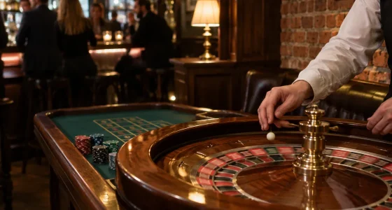 Ett roulettebord med en croupier i hörnet av en pub i en svensk stad