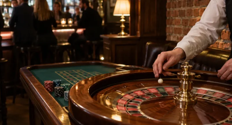 Ett roulettebord med en croupier i hörnet av en pub i en svensk stad